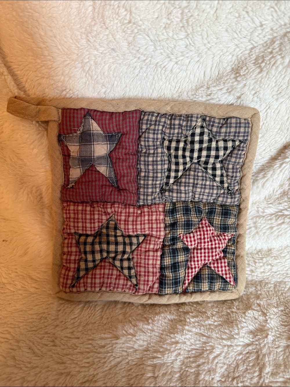 Patchwork Star Quilted Pot Holder - Red, Blue, Beige